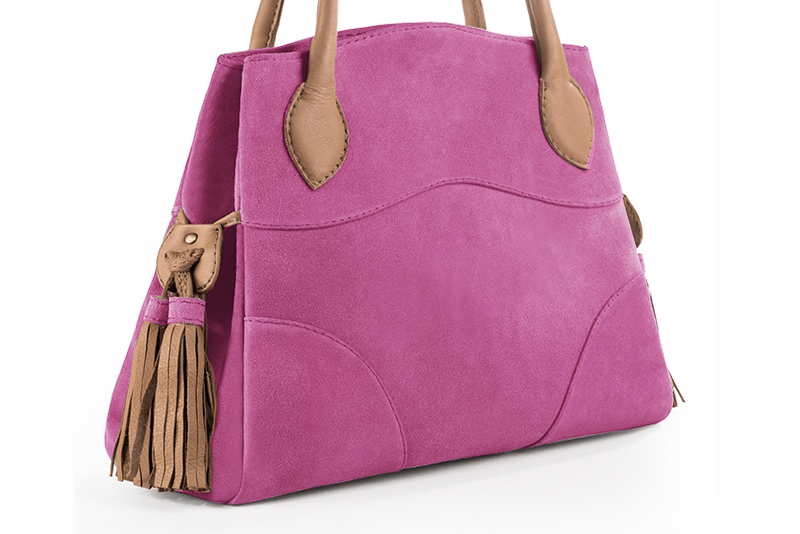 Shocking pink and camel beige women's dress handbag, matching pumps and belts. Rear view - Florence KOOIJMAN
